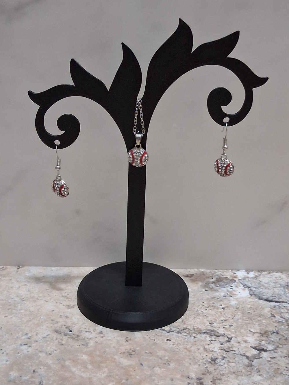 Silver-Tone & Red  BaseBall Necklace & Dangle Earrings Set
